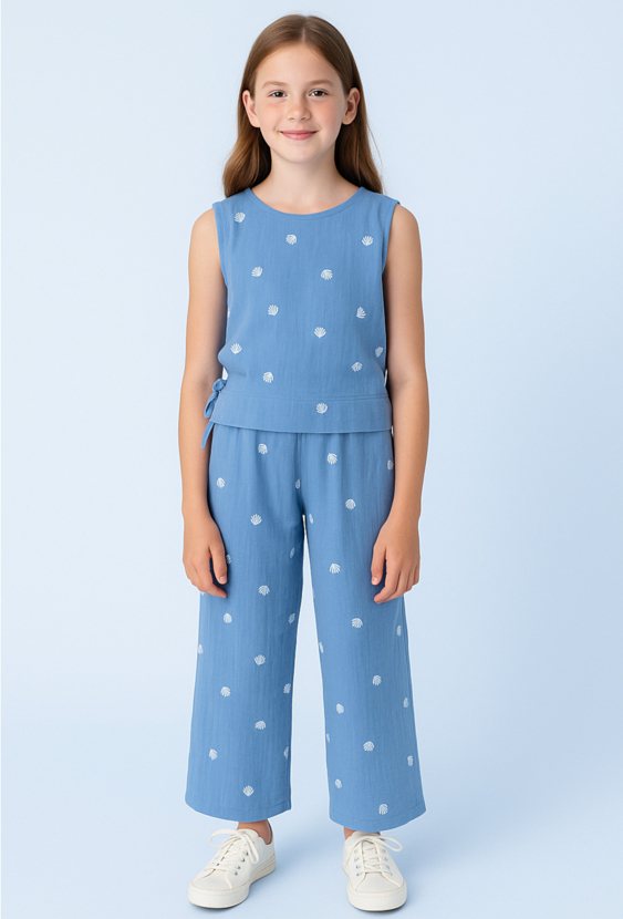 Muślinowa bluzka dziewczęca bez rękawów z - niebieska w muszelki