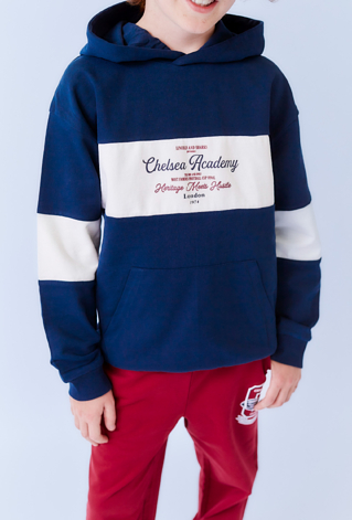 Granatowa bluza chłopięca z kapturem, blokowy fason