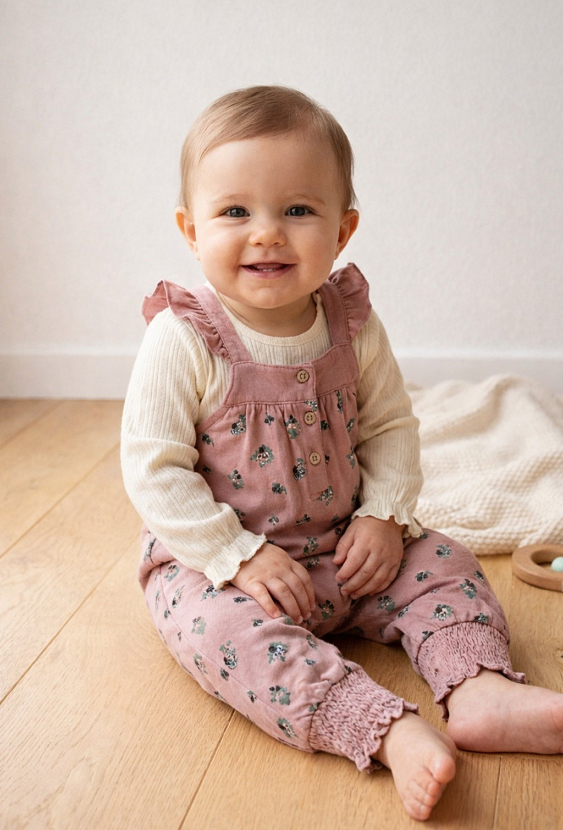 Komplet niemowlęcy – różowe ogrodniczki i kremowe body