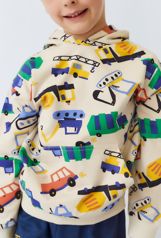 Bluza dziecięca ecru z kapturem – nadruk pojazdów