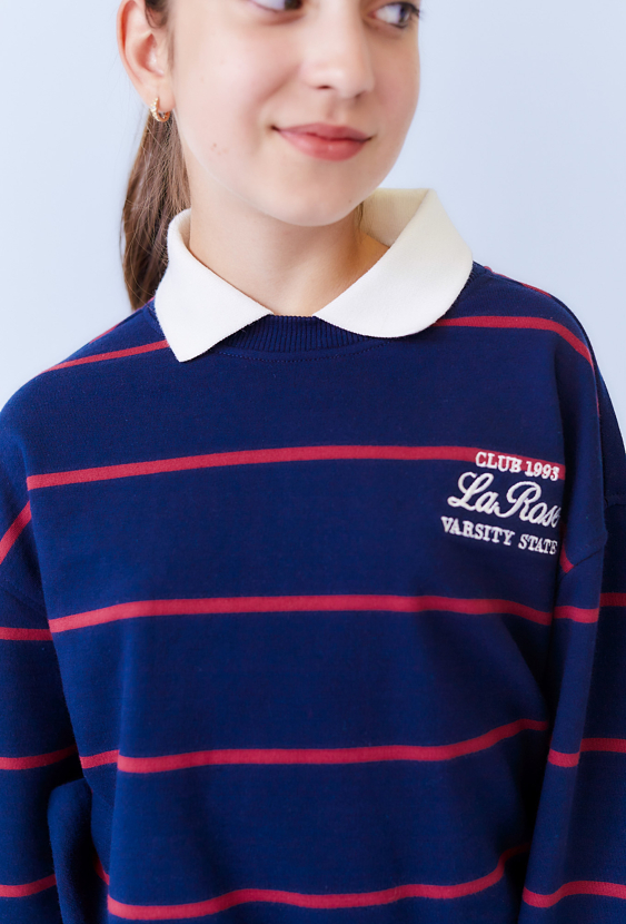 Bluza dziewczęca w paski z kołnierzykiem i haftem