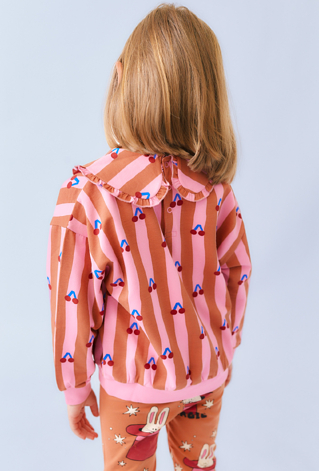 Bluza dziewczęca w paski z nadrukiem wisienek i kołnierzykiem