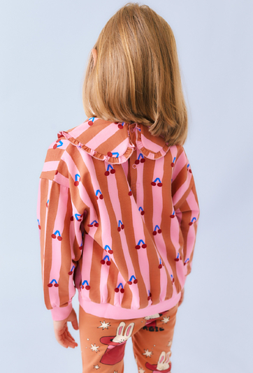 Bluza dziewczęca w paski z nadrukiem wisienek i kołnierzykiem