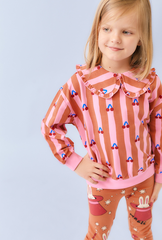 Bluza dziewczęca w paski z nadrukiem wisienek i kołnierzykiem