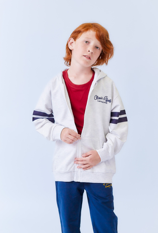 Bluza chłopięca szara z kapturem, haftem i nadrukiem