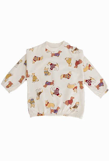 Beżowy komplet dresowy dziecięcy z nadrukiem piesków.