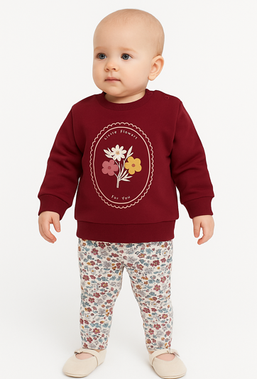 Komplet niemowlęcy: bluza z haftem i legginsy w kwiaty.