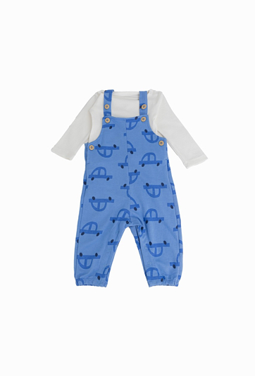 Niebieski komplet niemowlęcy – ogrodniczki i body.