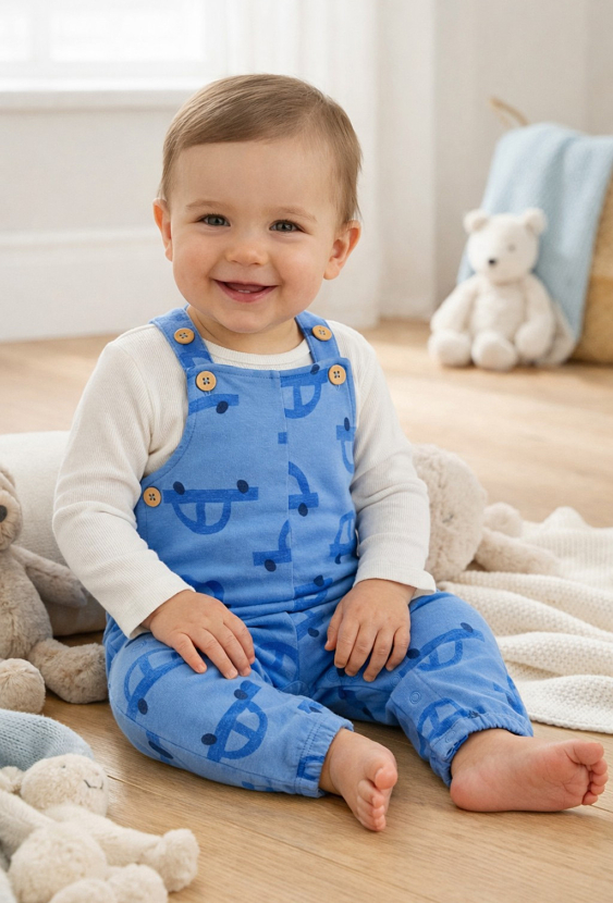 Niebieski komplet niemowlęcy – ogrodniczki i body.