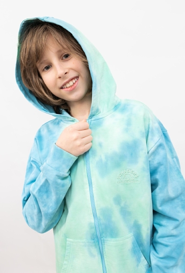Bluza chłopięca z kapturem tie-dye na suwak – niebieska