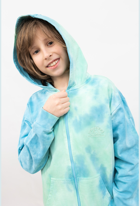 Bluza chłopięca z kapturem tie-dye na suwak – niebieska