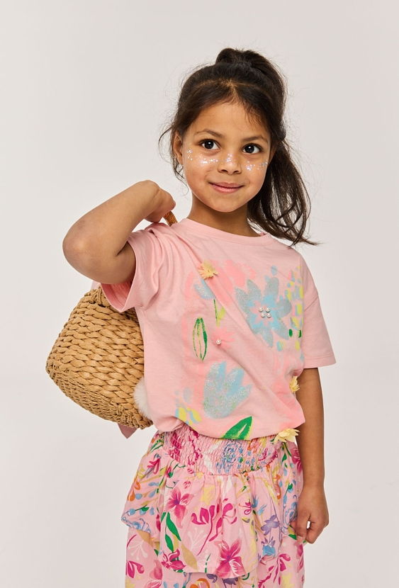 Koszulka dziewczęca kwiatowy nadruk z brokatem i perełkami