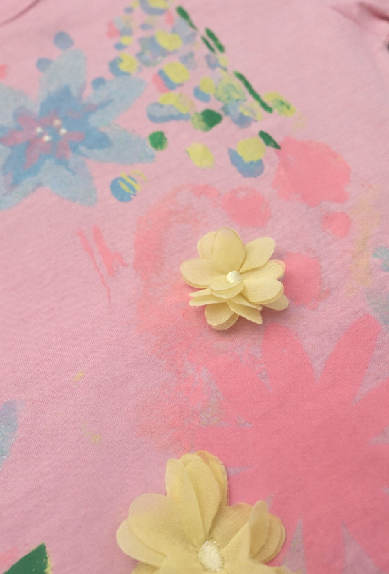 Koszulka dziewczęca kwiatowy nadruk z brokatem i perełkami