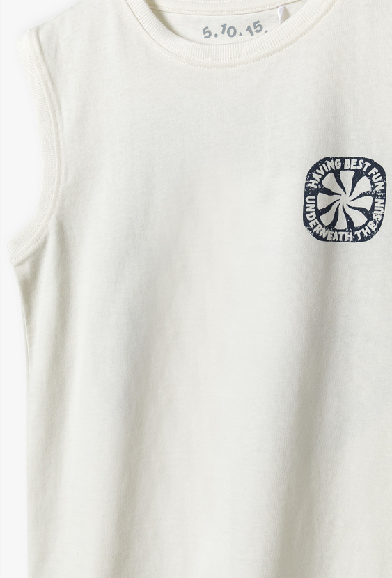 Kremowa koszulka bez rękawów dla chłopca – „Having Best Fun”