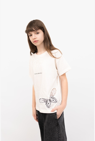 Koszulka bawełniana z ażurowymi motylami i nadrukiem