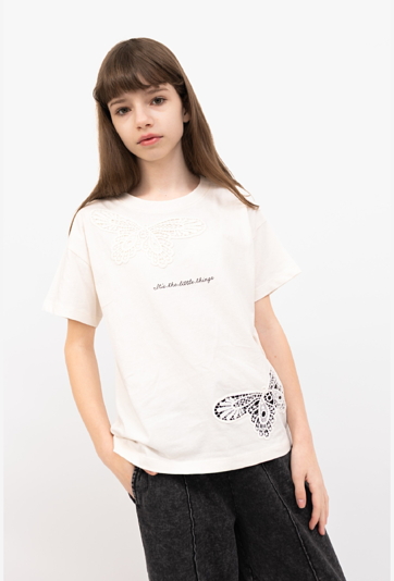 Koszulka bawełniana z ażurowymi motylami i nadrukiem