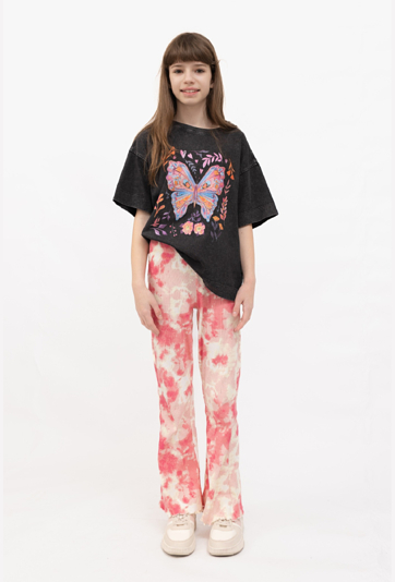 Legginsy dziewczęce tie-dye prążkowane flare