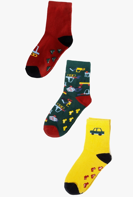 Kolorowe skarpetki chłopięce w autka 3-pak - antypoślizgowe