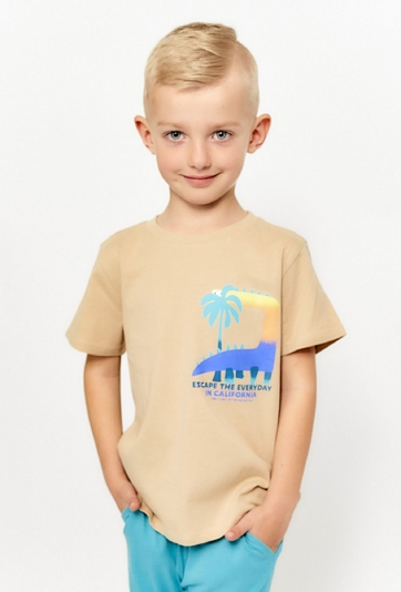 T-shirt chłopięcy z nadrukiem dinozaura - beżowy