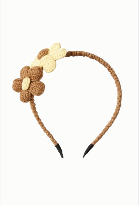 Dziewczęca opaska z dzianinowymi kwiatkami- karmelowa