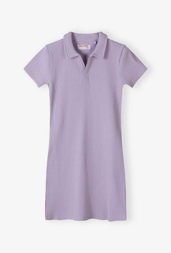 Fioletowa sukienka dziewczęca z dzianiny w prążki