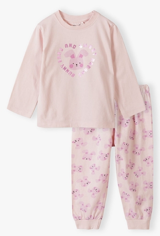 Piżama dziewczęca z długim rękawem - różowa w króliczki