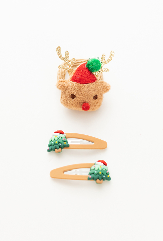 Świąteczny zestaw do włosów dla dziewczynki – renifer i choinki.