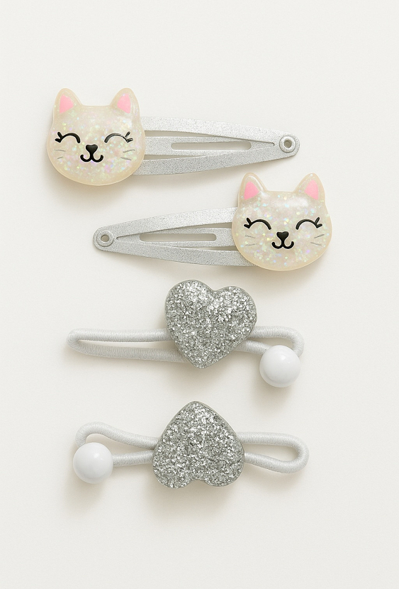 Zestaw spinek i gumek do włosów z kotkami i serduszkami