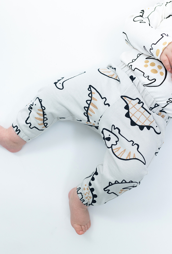 Spodnie dresowe niemowlęce - szare w dinozaury