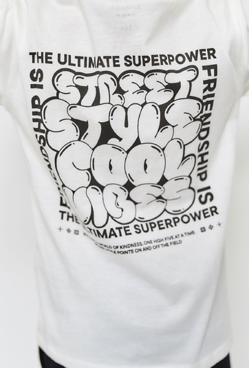 T-shirt bawełniany dla chłopca - biały z nadrukiem na plecach