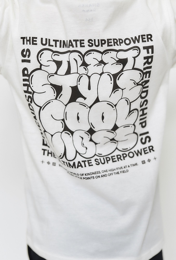 T-shirt bawełniany dla chłopca - biały z nadrukiem na plecach