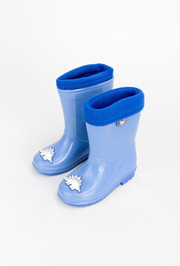 Niebieskie kalosze dziecięce z wkładką i motywem dinozaura