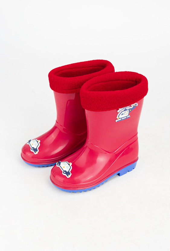 Czerwone kalosze dziecięce z wkładką i motywem pojazdów