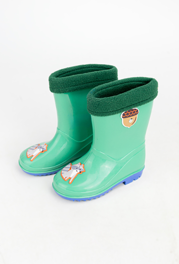 Zielone kalosze chłopięce z ociepleniem i aplikacjami