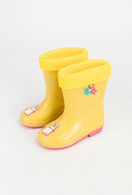 Żółte kalosze dziecięce z wkładką i aplikacją króliczka