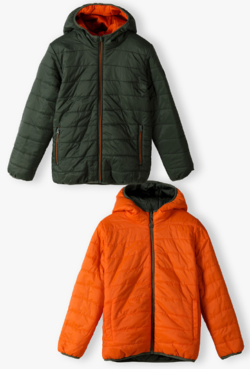 Dwustronna przejściowa kurtka dla chłopca - pomarańczowo-zielona