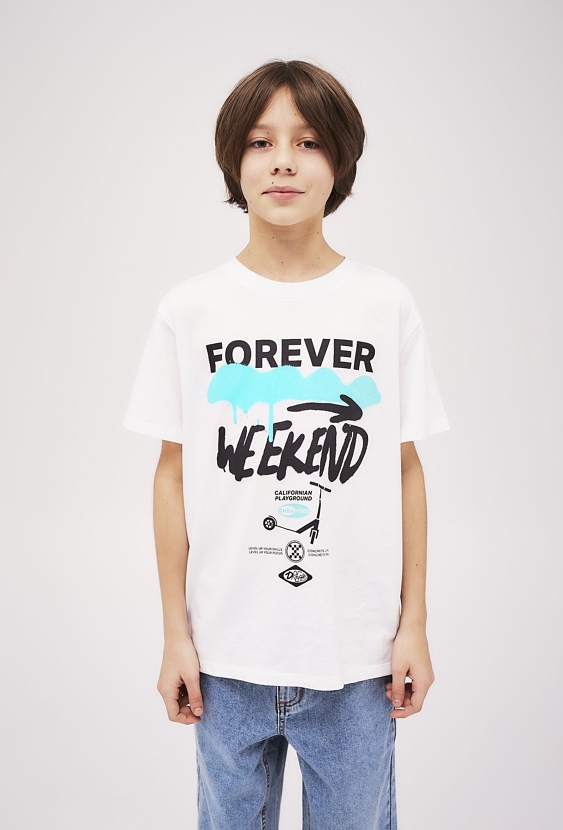 Biały bawełniany t-shirt chłopięcy z nadrukiem