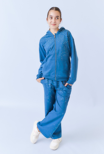 Niebieskie spodnie dziewczęce wide leg z aplikacją z dżetów