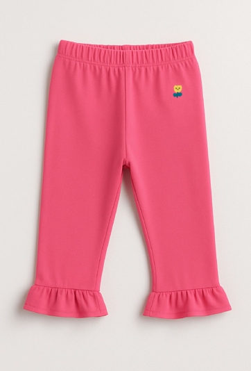 Różowe spodnie wide leg z falbanką i haftem