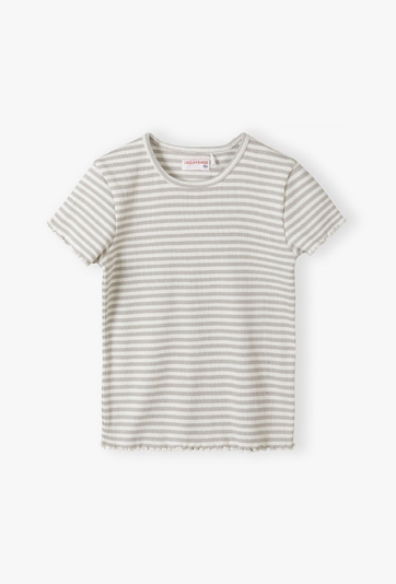 Dzianiniowy biało-szary t-shirt dziewczęcy w prążki