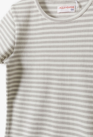 Dzianiniowy biało-szary t-shirt dziewczęcy w prążki