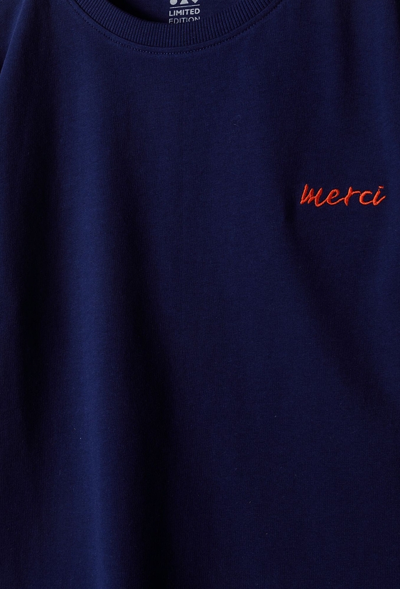 Granatowy t-shirt z napisem merci - Limited Edition