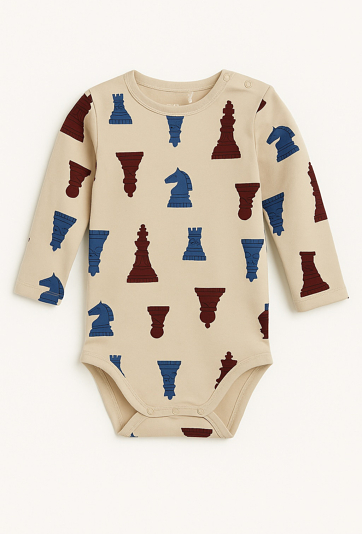 Beżowe body niemowlęce z motywem szachów.