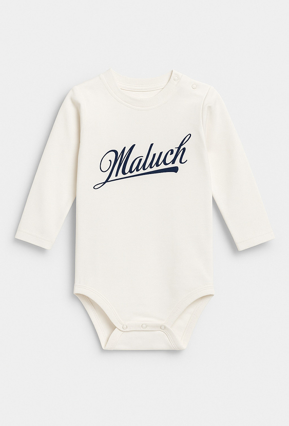 Białe body niemowlęce z nadrukiem „Maluch”, długi rękaw