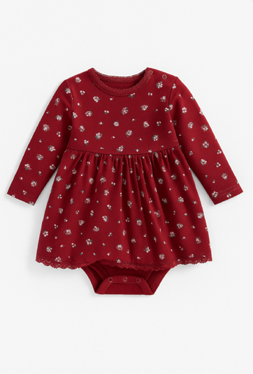 Bordowa body-sukienka niemowlęca z nadrukiem w kwiatuszki