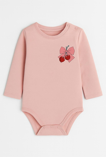 Różowe body niemowlęce z nadrukiem kokardki i wisienek