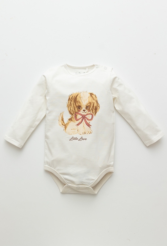 Białe body niemowlęce z nadrukiem pieska i napisem „Little Love”