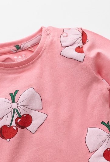 Różowe body niemowlęce z nadrukiem kokardek i wisienek