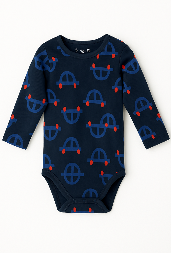 Body niemowlęce z długim rękawem – granatowe z nadrukiem autek.