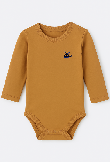 Beżowe body niemowlęce z długim rękawem i haftem samolotu